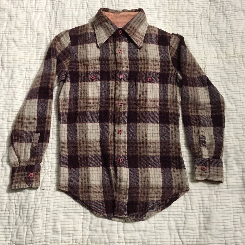 Vintage 70-80s JCPenney Acrylic Plaid Flannel Button Up Shirt Boys Size 12 - Picture 1 of 5